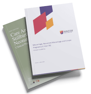 Two clinical guideline booklets, including ‘Care Around Stillbirth and Neonatal Death’ and ‘Miscarriage, Recurrent Miscarriage and Ectopic Pregnancy Clinical Guideline,’ representing resources for early pregnancy loss care.