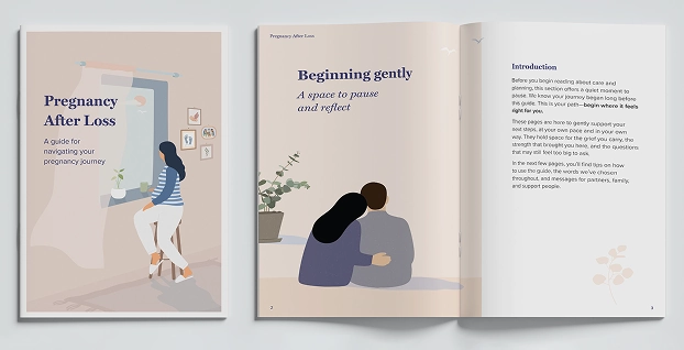 open book with illustrations and text about pregnancy loss.